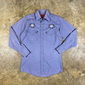 Vintage Plains Western Wear‎ Pearl Snap Shirt Mens S Blue Cow Skull Embroidery